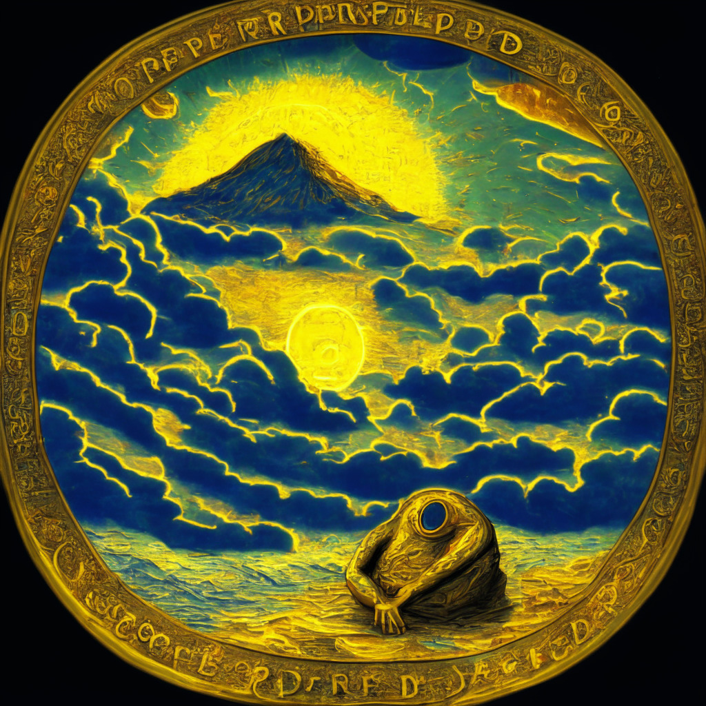 A digital world, portraying Pepe Coin's meteoric rise, infused with Van Gogh-esque swirls to signify the turbulence. A magnificent sun symbolizes the 9% increase, casting a golden glow. Distant mountains bear numerical values representing resistance levels, shrouded in ethereal mist. In the foreground, two entities - a mythical frog, embodying Pepe Coin, and a gladiator, symbolizing Meme Kombat partnership, poised in a stance of mutual strength. Mood: Optimistic yet cautious.