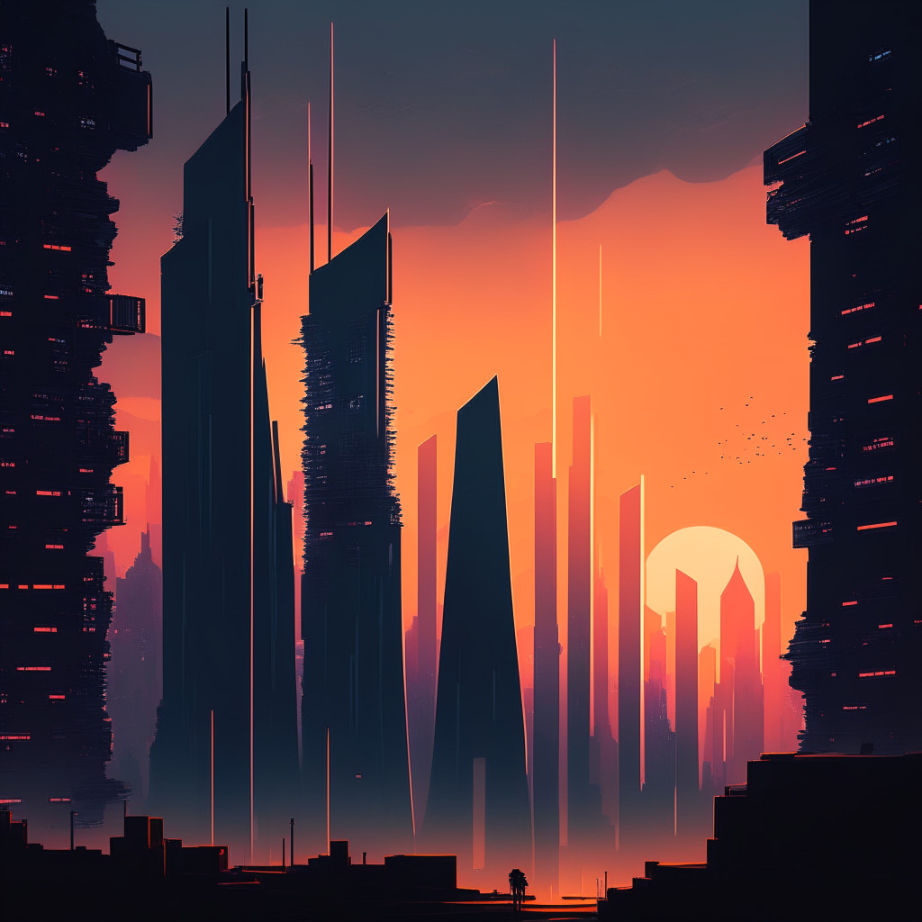 Depict a futuristic digital cityscape, steeped in tones of twilight, encapsulating the promising but cautious atmosphere of the UK's potential ascension in the global crypto landscape. Incorporate subtle elements of blockchain, crypto tokens and regulatory scales, with a path leading towards a rising or setting sun. Apply an avant-garde art style, with harsh shadows casting an air of suspense.