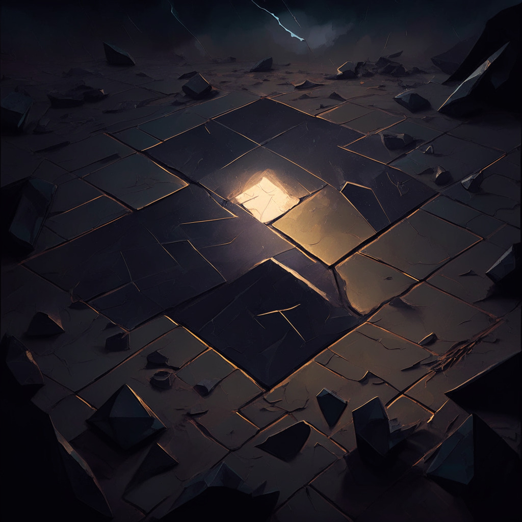 Depiction of an abstracted crypto battleground caught in the twilight light, dramatic chiaroscuro style. A fallen tile symbolizing Polygon in dark hues hints at a downturn, whilst an upwardly-angled, glowing tile represents the emergent Meme Kombat. Showcase the uncertainty and anticipation in the air with the use of atmospheric perspective and moody sky.