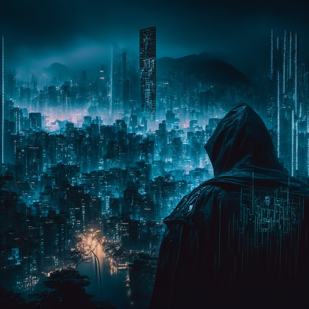 Dramatic cyber-criminal landscape, murky night, Hong Kong city backdrop, abstract web of digital technology, subtly embedded phishing hooks, coded messages, feelings of entrapment. A contrasting layer of resilient protection symbolized by radiant shields, indicating police intervention. Erratic, fast-paced lines suggesting chaos and danger. Futuristic noir style, palpable tension.