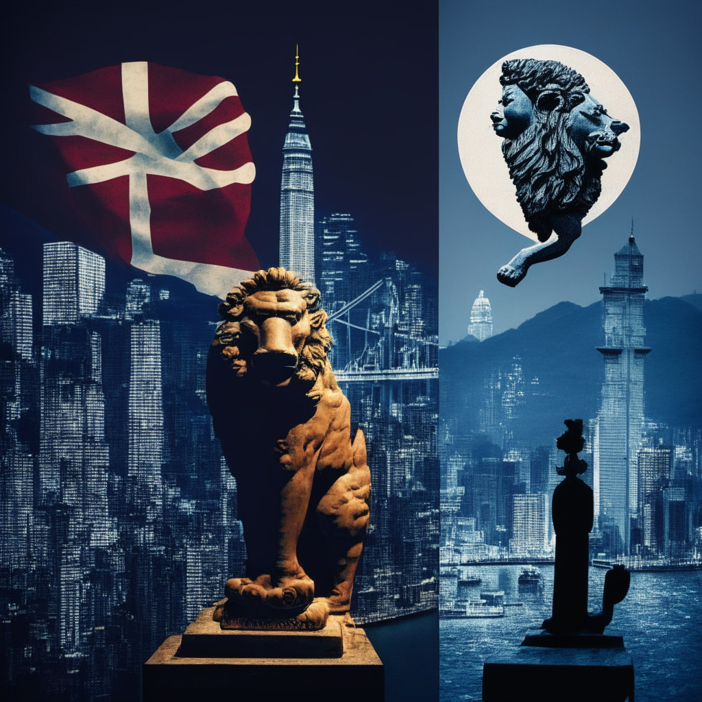 A visual representation of two contrasting financial landscapes, Hong Kong and UK, in the context of crypto regulation. Left side showcases Hong Kong's cautious and troubled atmosphere, featuring a dimly lit, densely-populated skyline and a symbolic stablecoin teetering on a lion statue, the emblem of Hong Kong finance. The right side, conversely, presents the progressive UK with vibrant, neon-lit Big Ben and the London Eye placed in a hopeful sunset, with Web3 firms and digital identities symbolized as emerging streams of lights. A large finely balanced scale in the foreground, symbolic of the regulatory balance with crypto assets.