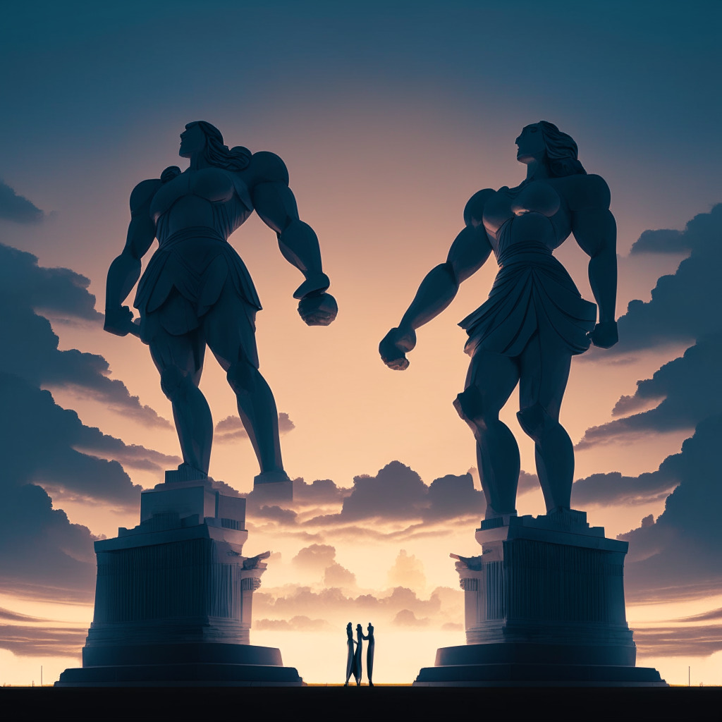 Two colossal statues representing the CFTC and SEC, embodiment of the U.S. financial regulators, standing in a vast, futuristic digital landscape symbolising the crypto market, facing each other in mild confrontation under a dramatic, twilight sky. Both carry symbols of law & power, hinting at the conflict of interpretation & governance. Mood: tense, expectation-filled, & thought-provoking, hinting at the significant clash of perspectives in a swiftly evolving industry.