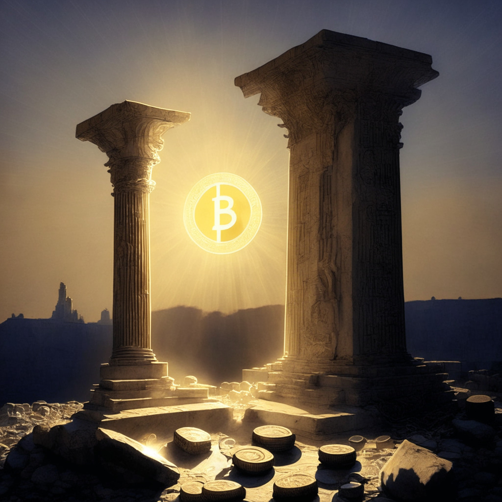 Ethereum ether coins enveloped in the golden glow of dawn, positioned on an ancient stone column representing financial market, shrouded in its shadow, another column with Bitcoin coins. Figures of entities engaging in trade, stirring up an air of fervor, the horizon signaling the dawn of a new era. The overall mood is tantalizingly mysterious, merged with the realism art style.