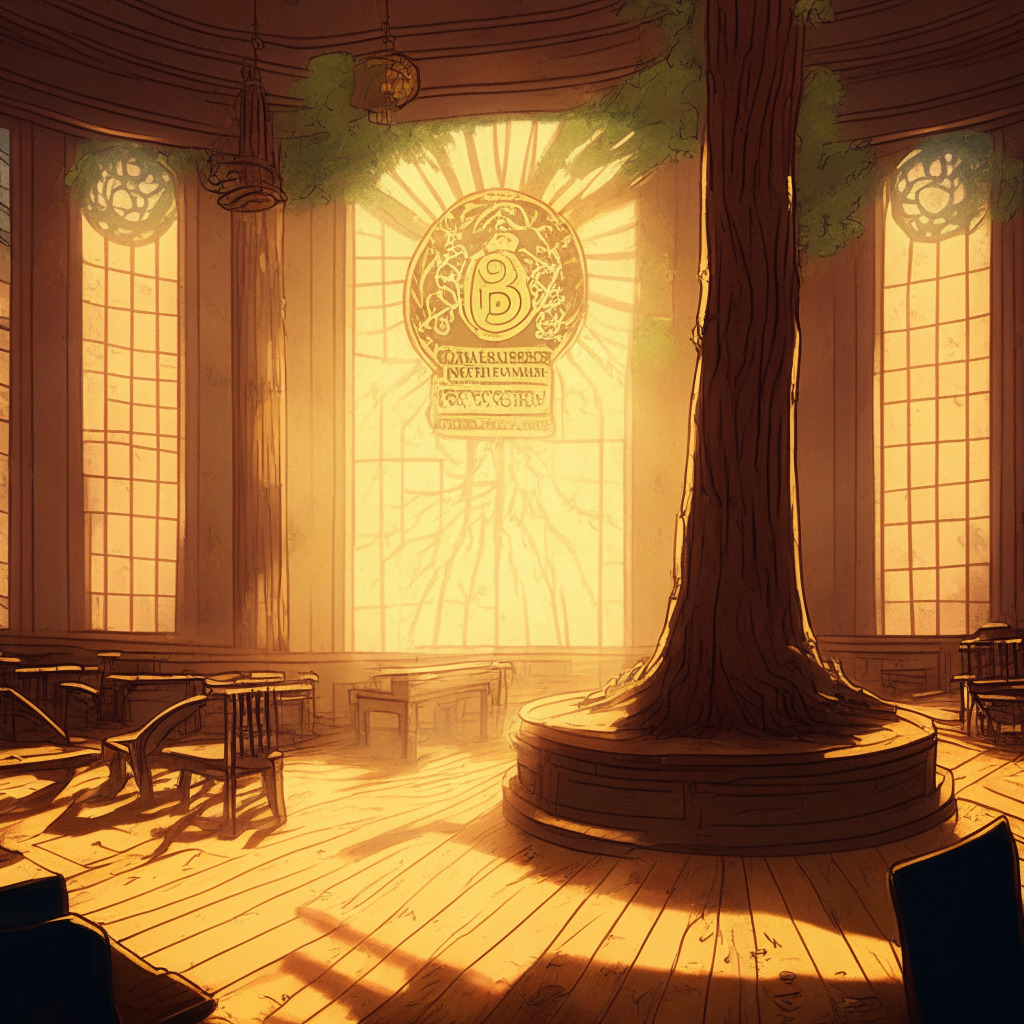 Courtroom with intense light streaming in symbolizing hope, a large ornate wooden table displaying a blend of Ethereum and Bitcoin coins. In the background, a blooming tree labeled as 'NewCo' with a supportive stand labeled 'Fahrenheit LLC', the scene painted in an Edvard Munch expressionist style. Mood: cautious optimism and anticipation.