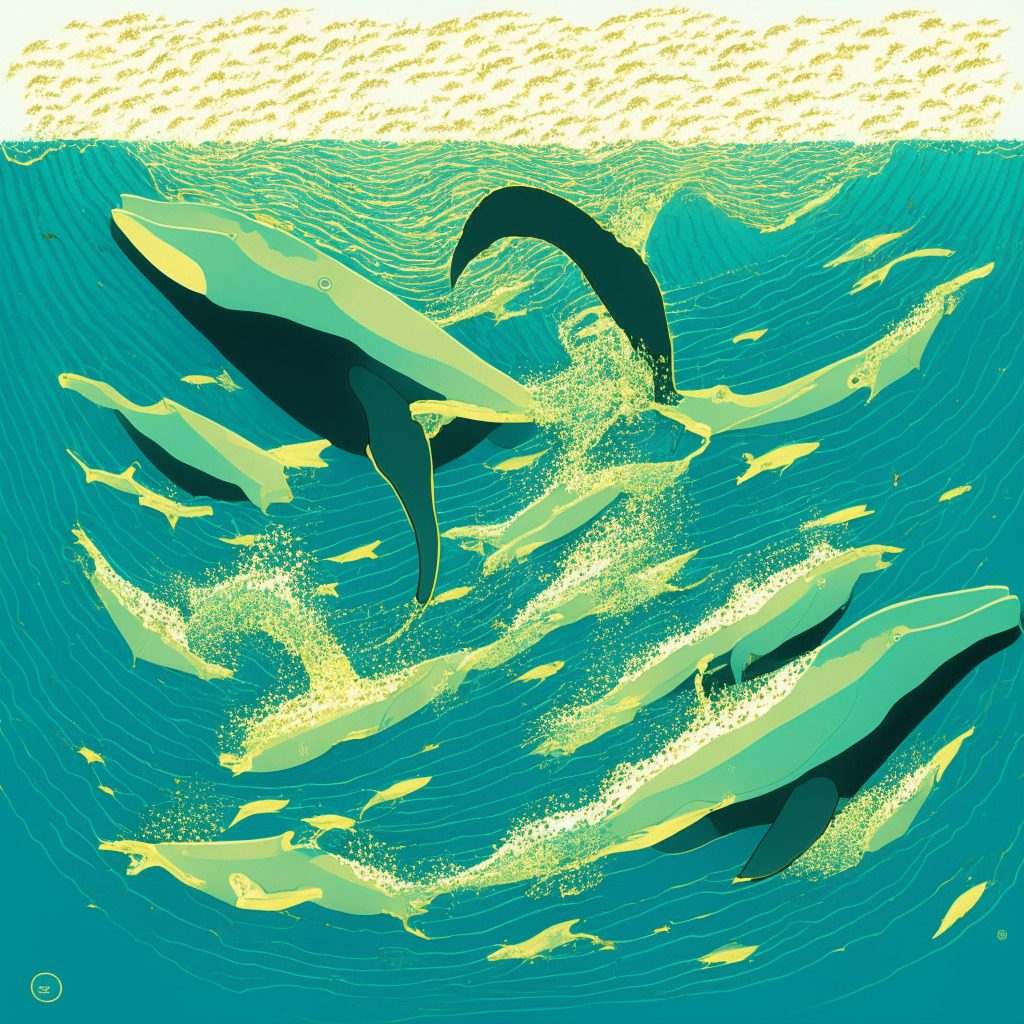 A digital ocean swirling amidst turquoise hues and golden sunlight representing opportunistic waves, a collection of whales boldly navigating the waters symbolizing the flourishing Crypto Whale Pumps group. To reflect their prosperity, vibrant scales of the whales shimmer with hues of green, reflecting a successful 1090% ROI. In contrast, some whales have accumulated numbers showing members ranging from the novice to the experienced. Their silhouettes embody the dynamicity and uncertainty of the crypto world.