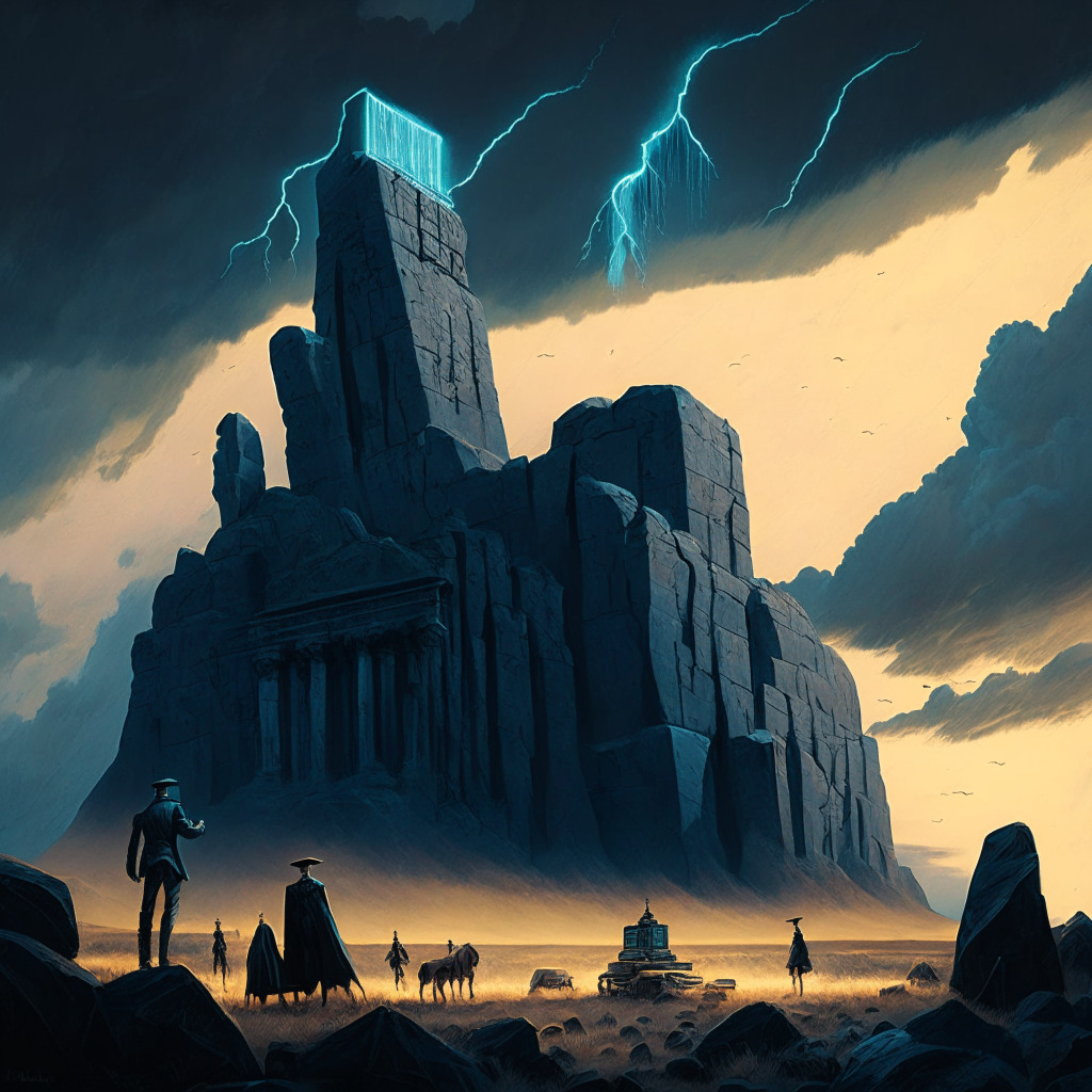 Depiction of Wild West-like landscape symbolizing unregulated cryptocurrency world, meetings in a colossal, ominous stone building representing Basel Committee, hint of precarious storm approaching as crypto winter, dawn's light signifying upcoming regulatory illumination, detailed in expressive surrealistic style, tense and uncertain yet hopeful mood.