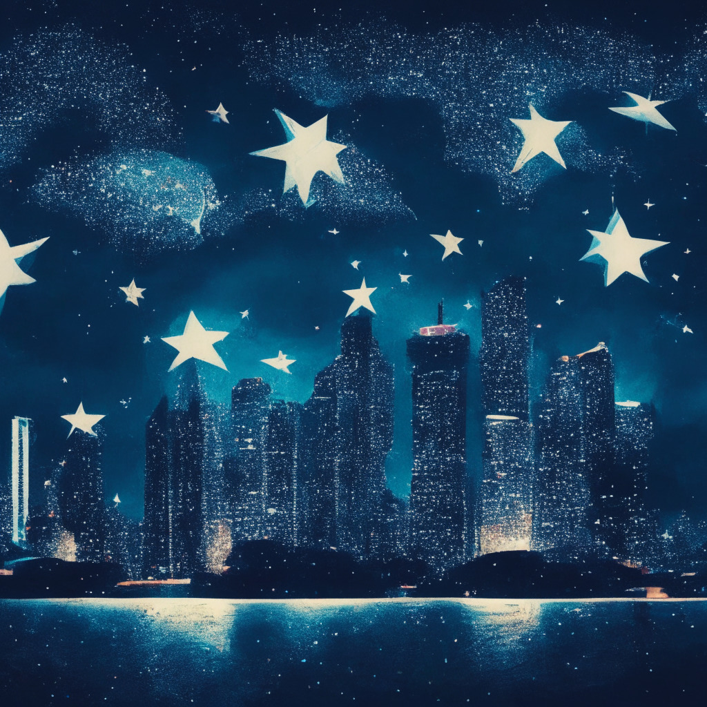 Midnight tomorrow city view of futuristic Singapore, digital currency icons floating like constellations in the starry sky, Ripple among them shining brighter. A stormy cloud labeled 'SEC' lingers ominously above an American flag in a corner symbolizing Coinbase's struggles. Mood: a mix of triumph and worry, exposition of contrasting crypto regulation scenarios.
