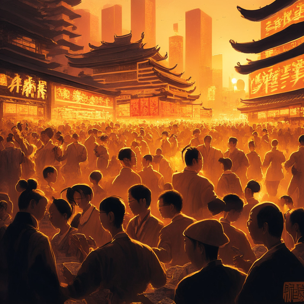 Digitalized depiction of China's bustling cityscape under the warm golden glow of evening lights, emphasizing a key moment in economic history: the launch of digital yuan. Artistic style to evoke realism & digital blend, highlighting an exchange stand bustling with athletes & locals enthusiastically using the new currency. The nuanced mood is one of enthralling advancement, optimism, and global curiosity.