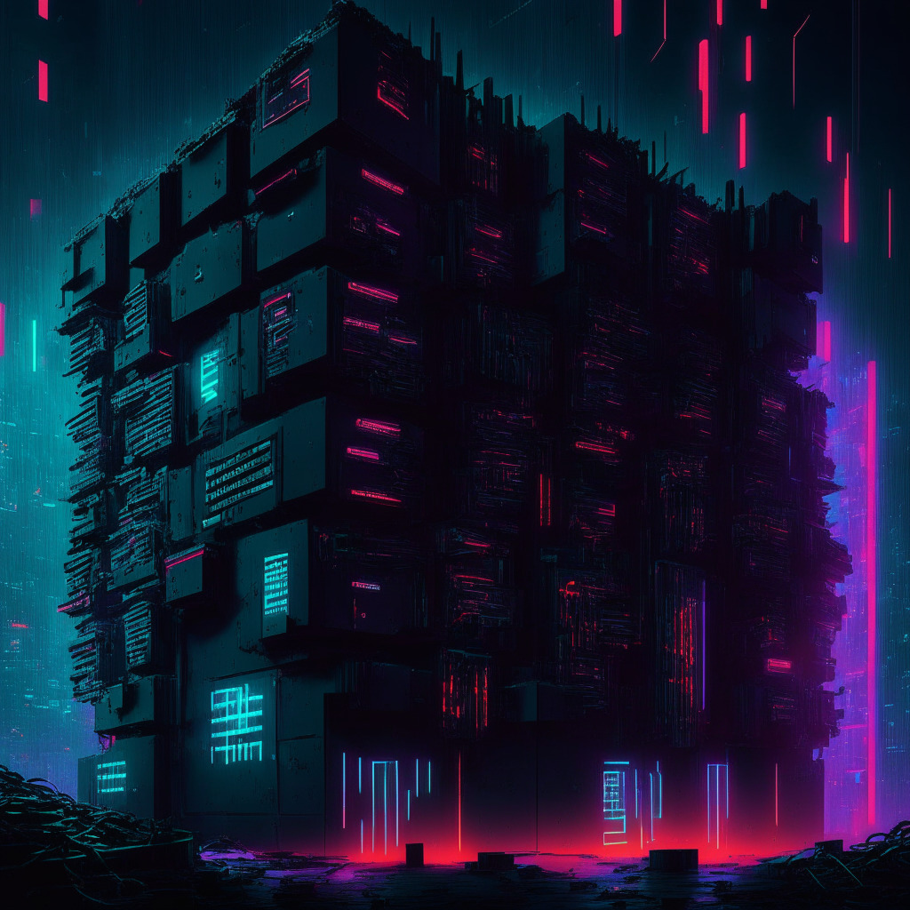 A dystopian cyberpunk-style scene, a massive digital fortress representing South Korea's Upbit exchange under siege from countless digital hacker entities, distinct neon-colored light to denote cyber aggression, Dark mood emphasizing the tense cyber-warfare, Gloomy shadows and blinding light displays symbolize peaks in hacking attempts, A shielded treasury, reminiscent of cold storage wallets, offering a gleam of reassurance while ethereal outlines of invisible intruders portray unseen loopholes and vulnerabilities.