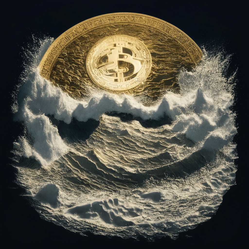 A top view of a turbulent golden sea, representing the global crypto market, illuminated by a bright full moon casting flecks of silver on choppy waves. At the center, dominating the scene, a gleaming coin shimmering with a Wall Street-themed meme face embossed. The coin is caught mid-bounce, an oversized golden dollar sign grinning behind it, symbolizing its rise. In the distant horizon, small silhouettes of other less vibrant coins, far from the moonlight. The sky wears an exciting mix of colors: dusky purple, late-night blue, and an optimistic hint of dawn swirling in distant corners. The overall scene radiates a cautious but thrilling mood reflecting the nature of crypto trading.