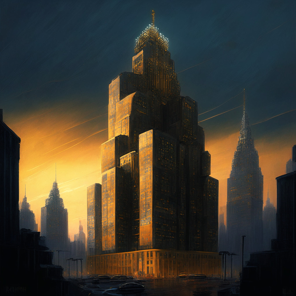 Twilight-time Moscow cityscape, a colossal concrete-and-glass building representing Rosbank, radiating golden digital rubles, Mammoth-sized routers nestled behind, shielded by intricate web of advanced cryptographic solutions. The mood is a mix of suspense and determination, painting an anticipatory atmosphere amid potential security threats.