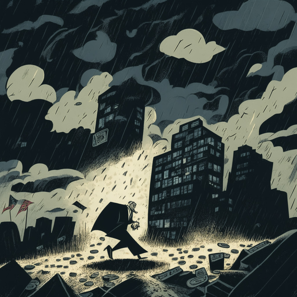 A gloomy, stormy financial landscape under a somber twilight sky, with a dramatic depiction of a monolithic token crashing into the ground, symbolizing the fall of value in a rug pull scam. A phantom figure sneaking away with a bag of tokens in a highly stylised, noir comic illustration style, to illustrate the exit of a fraudulent developer. The atmosphere should evoke a sense of loss, surprise, and an understandable hint of betrayal.