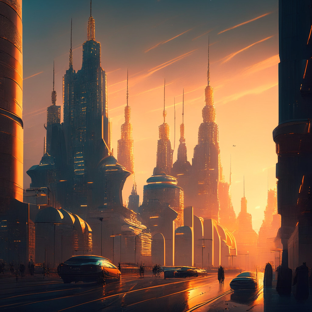 Russian cityscape at dusk, bathed in a golden light of innovation, imposing buildings with holographic ruble symbols hovering over them, hint of Blockchain style patterning in the sky. Streets active with digital transactions humming below, vibrating with a mood of futuristic promise, and subtle uncertainty. A mix of classical and cyberpunk art style.