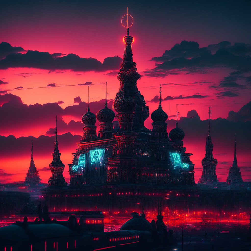 A dark, futuristic cyberpunk Moscow cityscape at dusk, illuminated by neon digital currencies symbols, like the ruble. A grand, ornate legislative building stands prominent under the glow of the setting sun while phantasmagorical images of Latin American continents drift in the sky. The mood is imbued with anticipation, open-ended possibilities and subtle tension, signifying the impending paradigm shift in global finance.