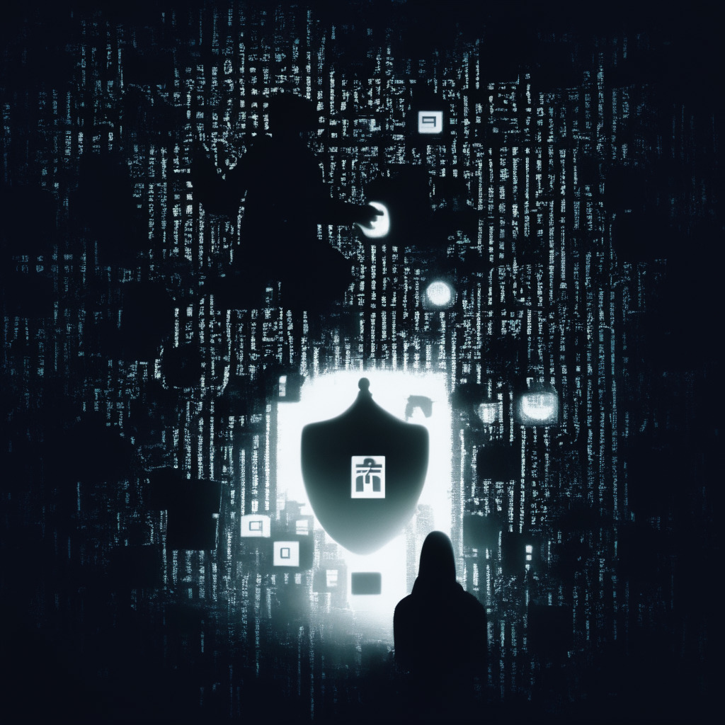 A noir-style image illustrating the online theft of digital assets thanks to SIM-swapping fraud on a crypto communication platform. The scene shows a fusion of abstract technology symbols, with shadowy figures manipulating ethereal, luminous block chains in the midst of a cybersecurity breach. Elements of melancholy should be incorporated to reflect the impact of this crypto crime, alongside a contrasting element of hope that symbolizes the platform's resilience and growth.