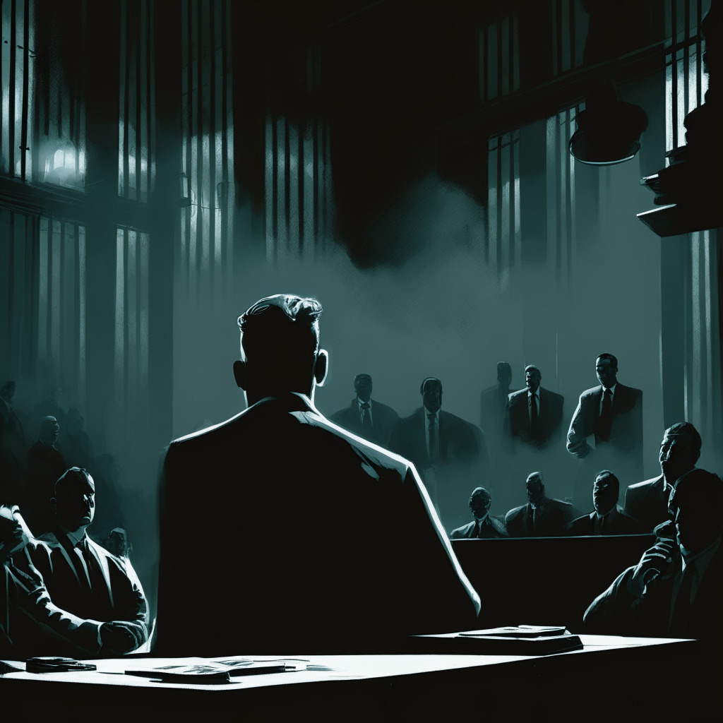 Dramatic courtroom scene with intense lighting, rendered in a neo-noir style. The focus is on Sam Bankman-Fried, a figure with a determined, focused expression. Surrounding details include a wary judge, questioning lawyers, and curious spectators. The courtroom is drenched in a moody chiaroscuro light, highlighting suspense and uncertainty. A spectral silhouette of cryptography symbols and blockchain links lingers in the background.