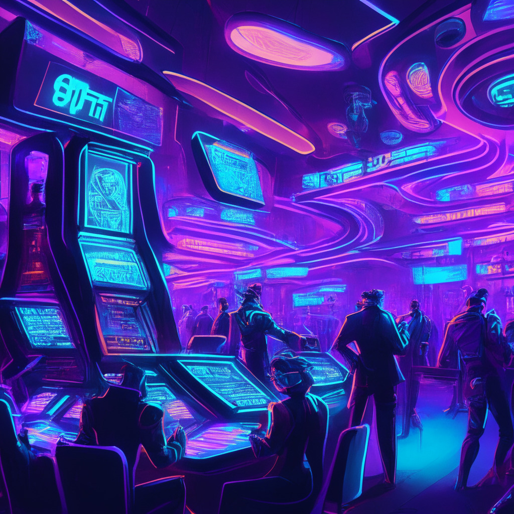Digital artwork of a bustling virtual casino rich with neon lights, in the style of a futuristic cyberpunk cityscape. The scene is populated with individuals engrossed in slot machines, blackjack, and roulette tables, all aglow in hues of blue and purple reflecting off metallic surfaces, highlighting the technological vibes. Off to one side, a dynamic sports betting scene with varied insignia representing different sports. Lighting should emanate an exciting nightlife mood, punctuated with flares of success and anticipation. The overarching tone is one of heated excitement in this futuristic, inclusive gambling haven.