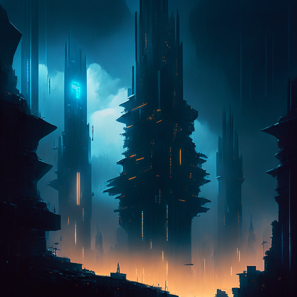 A gloomy, cyberpunk-style cityscape under a stormy, steel-blue sky. Tightly-packed skyscrapers dotted with twinkling lights representing cyber intrusion attempts, a colossal fortress symbolizing Upbit resisting these attempts. Shadows and amber city lights suggest a mood of unease, simultaneous urgency and resilience. Features a significant, futuristic shield made of ice symbolizing 'cold wallets'. An array of smaller, ferrous shields spread around representing 'hot wallets', all ensconced within the safety of the fortress walls. A sense of growth and thriving despite adversity, hints at the setting sun piercing through stormy clouds.