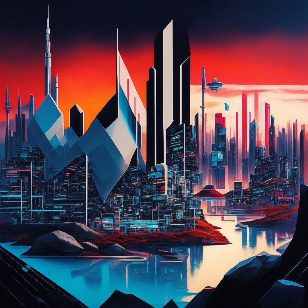 A picturesque representation of a technological crossroads, futuristic cityscape filled with symbolic edifices of AI and microchips, cloaked in evening twilight. Key elements include a rocky path illustrating challenges in global AI politics, the flag of Canada and South Korea united, embodying the alliance between Samsung and Tenstorrent. A dynamic style akin to neoclassic futurism, colors should showcase a mix of cool and warm tones, reflecting the balance between technological innovation, geo-political complexities, and the impending shift in global AI market.