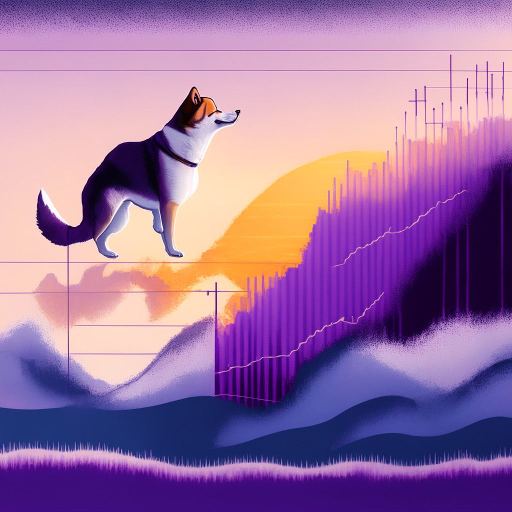 A whimsical, digital seascape at sunset, featuring a Shiba Inu dog confidently balancing on the edge of a fluctuating graph line that sharply ascends, reflecting October 2021's monumental growth, and then décrescendo in moody hues of blues and purples, illustrating the struggles against market resistance. In the corner, a radiant yet still forming cloud with binary code, symbolizes the promising newcomer, BTCMTX.