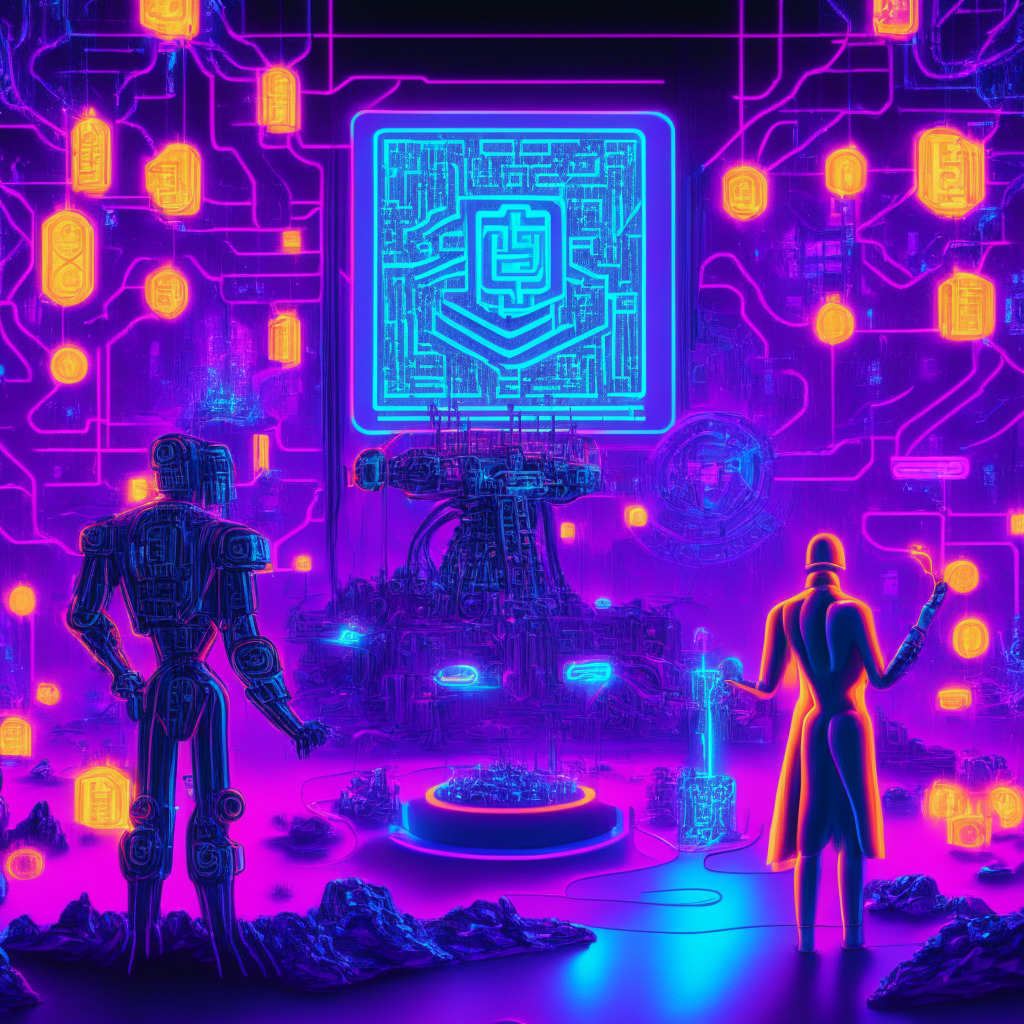 A futuristic digital landscape illustrating the integration of Ethereum-like smart contracts on the Bitcoin platform. In the foreground, a vibrant Turing machine symbolizing BitVM's capability to solve computational problems, against a backdrop of contrasting warm and cool neon lights representing the off-chain and on-chain execution. In the center, two humanoid figures involved in intense communication represent the prover and verifier. The mood is optimistic yet cautious, embodying the essence of cautious excitement in emerging technology.