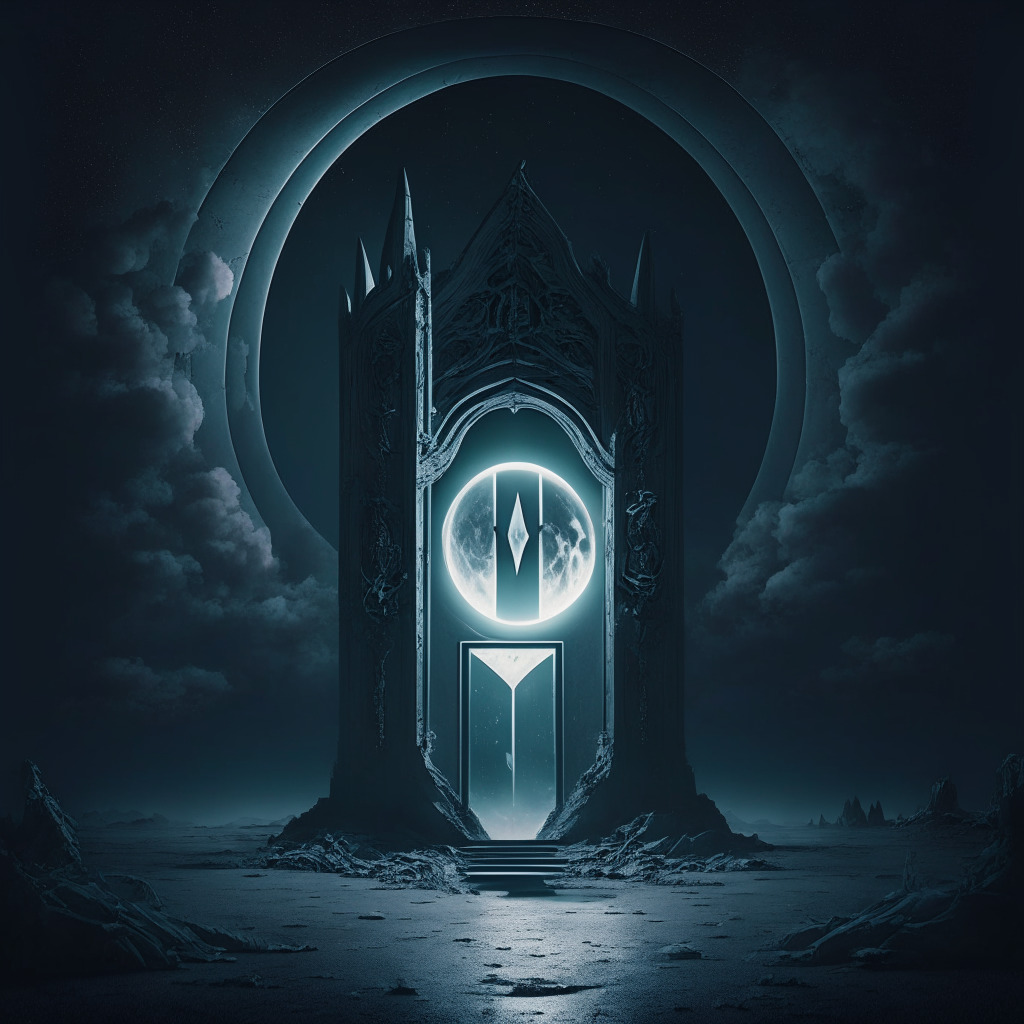 Futuristic social media landscape illuminated by pale moonlight, a controversial cryptocurrency symbol floating ominously, disrupted by a single symbolic closed door. Convey a neo-gothic art style, eerie atmosphere with undertones of speculative intrigue and a rising sense of contention.
