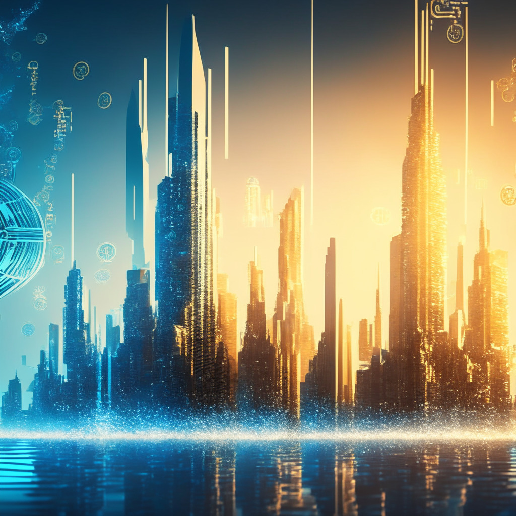 A wave of financial evolution in a futuristic cityscape at dawn, digitally-rendered cryptocurrency symbols as towering structures, illuminated in golden hues, displaying a massive surge, a few towers show signs of cooling off. In the next quarter, a contrasting, icy-blue-hued, semi-abstract arena suggesting a new competitive entity. The mood is dynamic, reflecting the momentum of decentralization, yet there is a subtle undertone of anticipation and uncertainty.