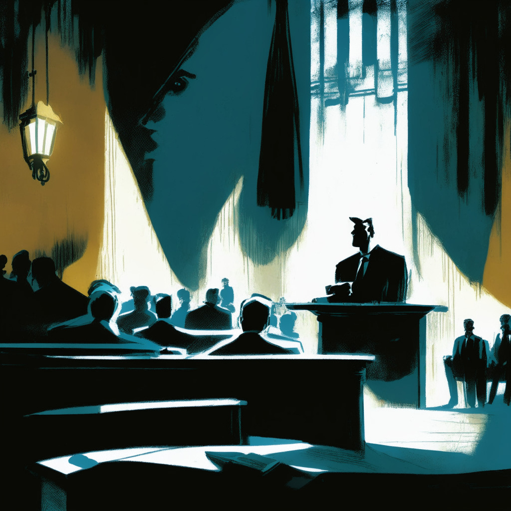 An ominous courtroom scene, shaded in abstract expressionist style. Spotlight shines on a figure 'A', casting long shadows behind him, representing a fraudulent crypto figure. Muted, cool colors all around, embodying the cold harshness of justice. Decoys of mobile chat apps and wallets, cues of deceit scattered. A palpable mood of tension and disappointment swirls in the room.