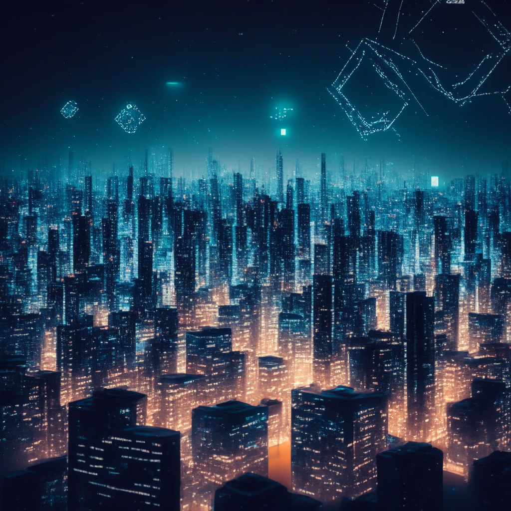 A night view of a thriving futuristic South Korean cityscape with blockchain symbolism, and digital dollar signs floating in the sky representing the booming cryptocurrency market. Buildings are styled in geometric shapes, symbolizing market growth, while subdued lights signify cautious optimism. Mood is hopeful, reflecting the effective regulatory atmosphere.