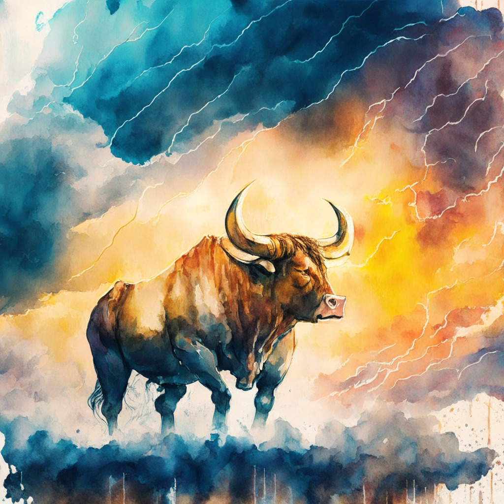 An intricate watercolor scene of a bull symbolizing the surge in cryptocurrency market, dynamic waves in the background representing the oscillation of prices, bold contrasts and vibrant hues reflecting the trader's confidence. Moody, cloudy sky indicating potential risks and uncertainties, dimly lit golden hour ambiance adding to the drama and tension.