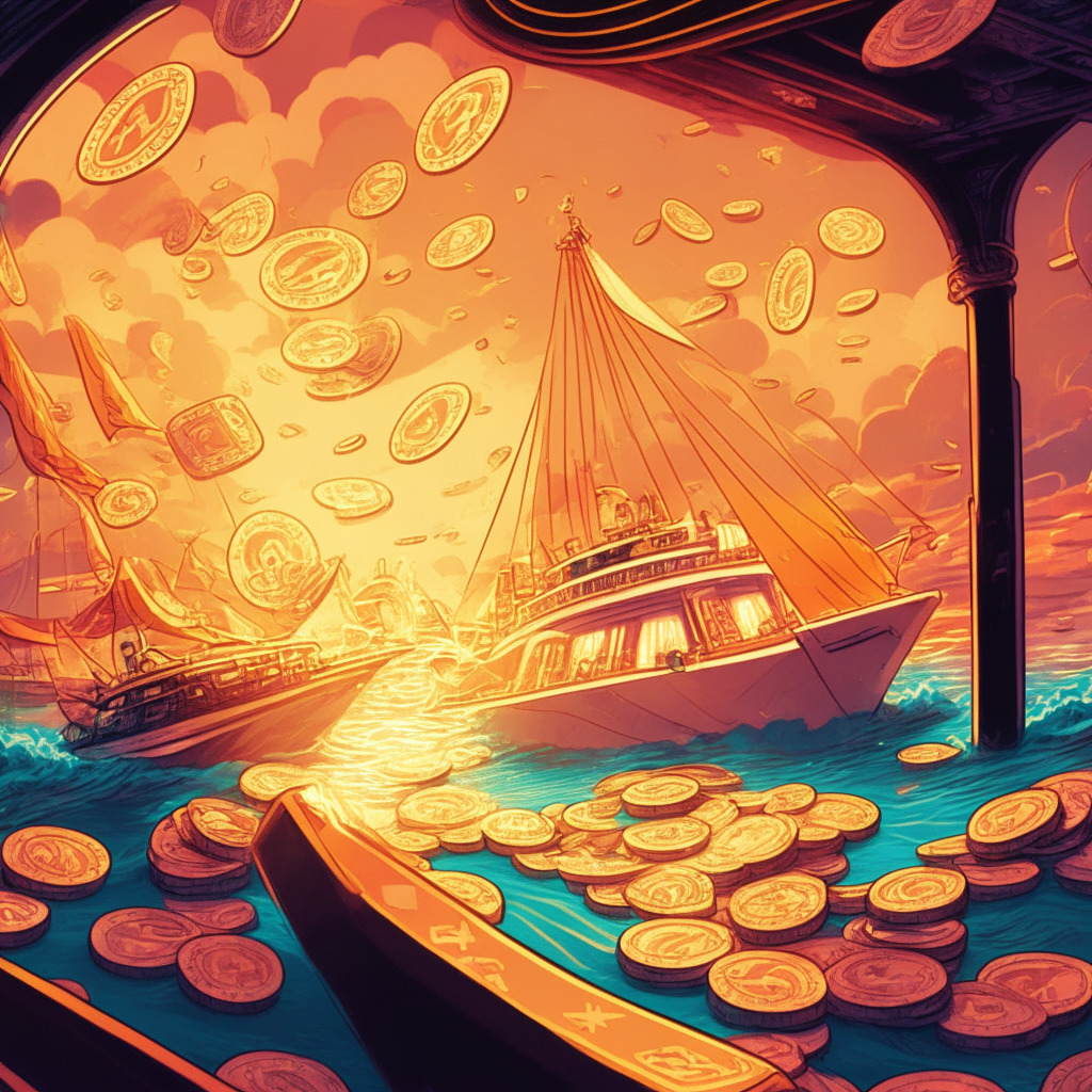 A scene depicting the vibrancy of a casino with a variety of tokens floating around, mid scene a sailboat navigating choppy waters to symbolize the Trust Wallet successfully surging amidst fluctuations. Time of day, dusk, affording warm orange glows illuminating the virtual setting. The image infused in a graphic-novel style outlining a sense of adventure and excitement.