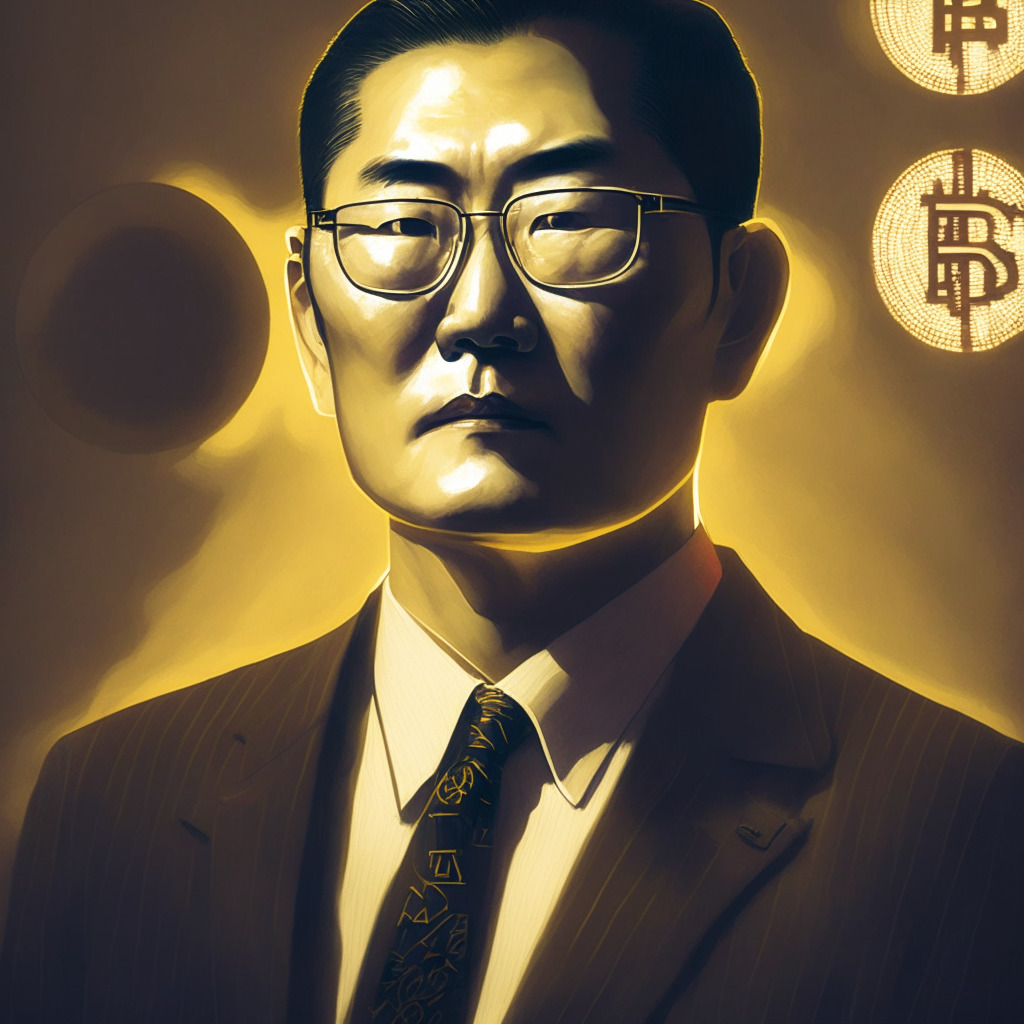 A detailed portrait of Yung-Chang Chiang, Taiwanese legislator, serious and resolute, bathed in the subtle glow of dim warm light, signifying thoughtful deliberation. Behind him, a faint backdrop of a legislative structure disrupting into digital symbols, representing cryptocurrency. The image has an aura of firm anticipation, reflecting the impending stringent crypto regulatory bill. Artistic style should depict balance between sophistication and modernity.