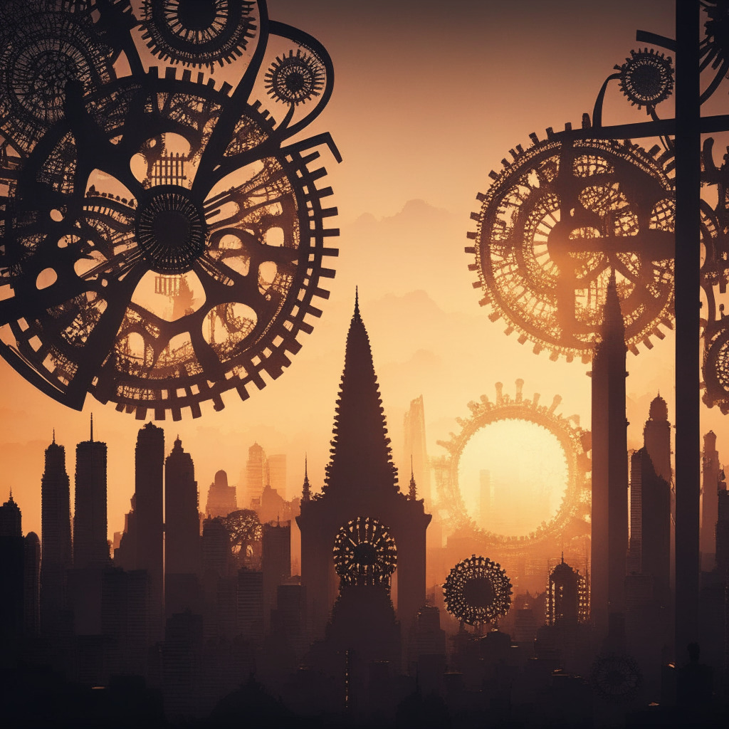 An ethereal twilight setting over the diverse cityscape of Taiwan, animated gears meshing to symbolize reaching consensus against a backdrop of an ancient, intricate parliament building, modern digital motifs subtly displayed. Secondly, a shadowy group of various stakeholders gathering where they cast long shadows in the fading sunset. Lastly, a spread of delicate, complex gears clogged with a golden lock, brilliantly illuminated yet casting a looming cloud over a lush landscape of flourishing organic growth, hinting at tension and potential. The twilight fades into a sweeping, iridescent night sky representing the imminent changes.