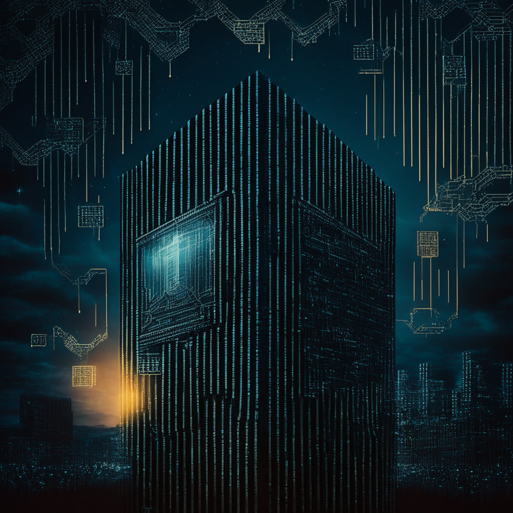 A detailed representation of blockchain technology physically merging with traditional finance structures against a dusky twilight backdrop. The image imbued with unmistakable Art Deco style, exhibiting a sophisticated balance between abstract structures symbolizing tokens and tangible icons like art, real estate, and legal documents. A mood of serious focus, leveraging dark ominous shades interspersed with beams of enlightenment indicating regulatory complexities.