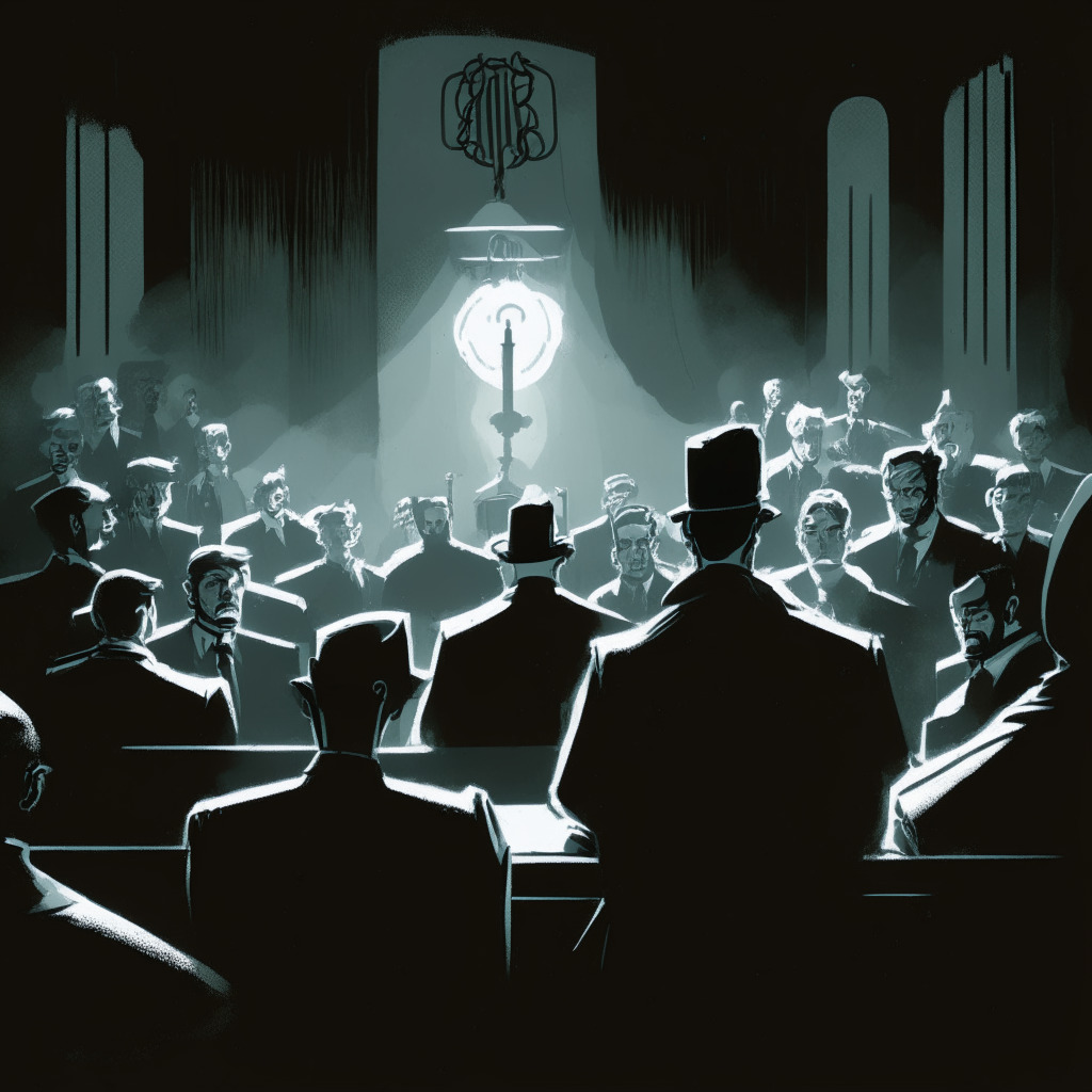 A dimly lit courtroom, with intense, striking caricatures of the principle actors engaged in the high-stakes blockchain trial. Spectral jurors conveying a myriad of emotions - expectancy, skepticism, intrigue, seated. The judge at the center, cautioning all about media bias, under an oppressively thick cloud of shadow cast by the weight of the case. In the background, a subtle but chaotic blend of the cryptocurrency sphere and traditional legal symbols. The atmosphere charged with tension, swaying in the balance.