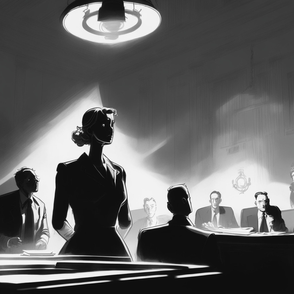A courtroom scene during a high-stakes fraud trial in grayscale, characters: Bankman-Fried, Gary Wang, and Caroline Ellison, harsh light beams from the ceiling spotlight on them. A shadowy figure representing oversight lurks in the background, hints of code to represent the crypto world, A set of balances in the foreground signifying market freedom versus regulation.