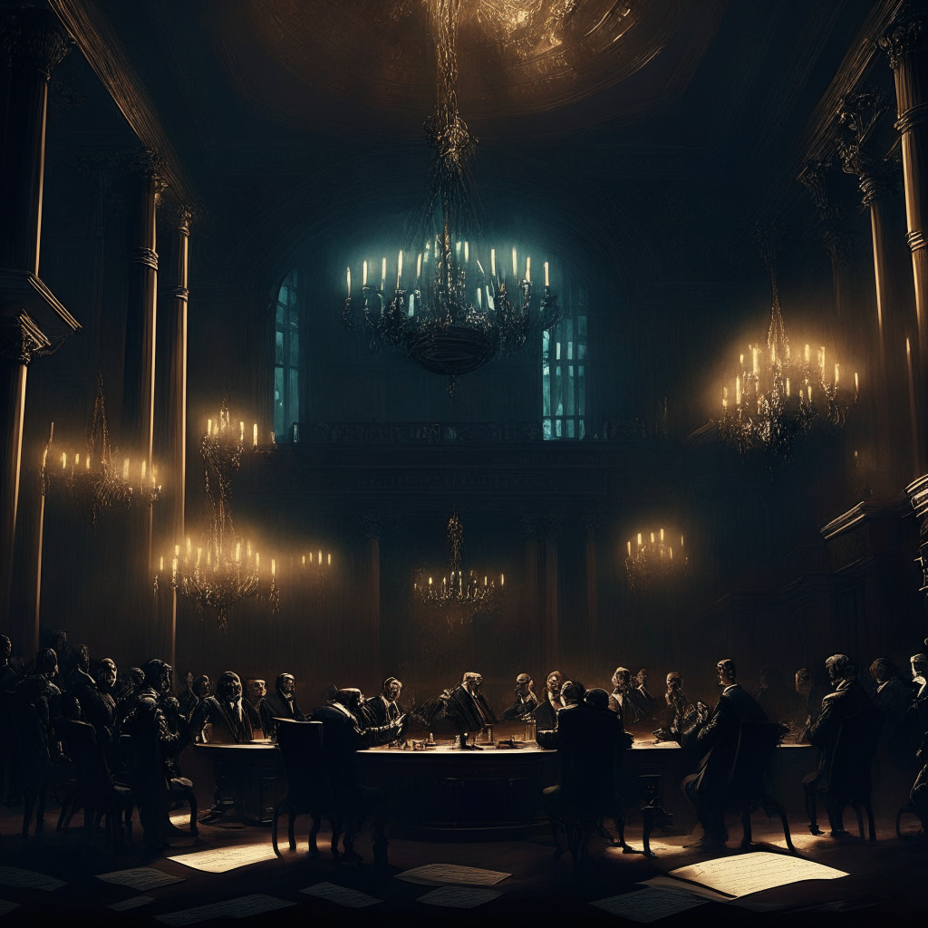 Midnight courtroom scene with imposing regulators and crypto professionals engaged in intense discussions, Baroque style, under diamond chandeliers casting soft, shadowy light. Atmosphere taut with tension and anticipation, backdrop of large, ornate ledger books symbolizing financial records and digital wave patterns showing market cycles.