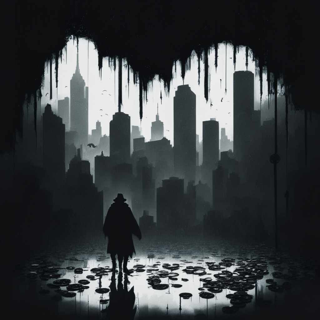 A sinister scene with gloomy, heavy shadows descending on a bustling digital cityscape, symbolic of the dark web. Images of digital coins raining down depict the large-scale cryptocurrency transactions. In the distance, a silhouette, representing the elusive criminal figure. Foggy symbols of drugs subtly haunt the scene, highlighting the illegal activities. The overall style, a grim yet captivating noir aesthetic.