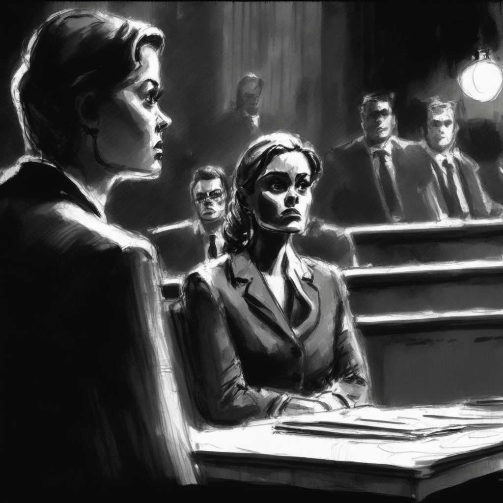 Dramatic courtroom scene, Charcoal sketch style, Low-lit ambiance, Foreground focus on a distraught female figure testifying, Background displays a stern male accused in the dock. Mood: Intense and gloomy, Depicts the personal becoming political and accusations of large scale crypto fraud.
