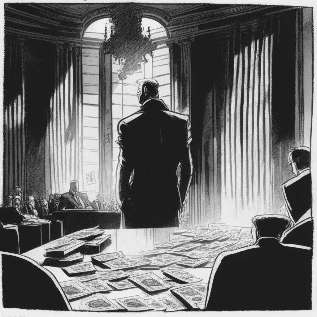 Monochrome courtroom drama, a fallen billionaire at the center, head hung low in resignation. Crisp details of his luxury assets scattered around, private jets, extravagant real estate. Medium: Noir-style pen & ink sketch. Highlights: Banknotes and cryptocurrency coins. Surrounding him is an animated murmur typical of an ongoing trial. Evening light sifting through tall, narrow window, casting long shadows, hinting a metaphorical fall from grace. Mood: Intense and somber.