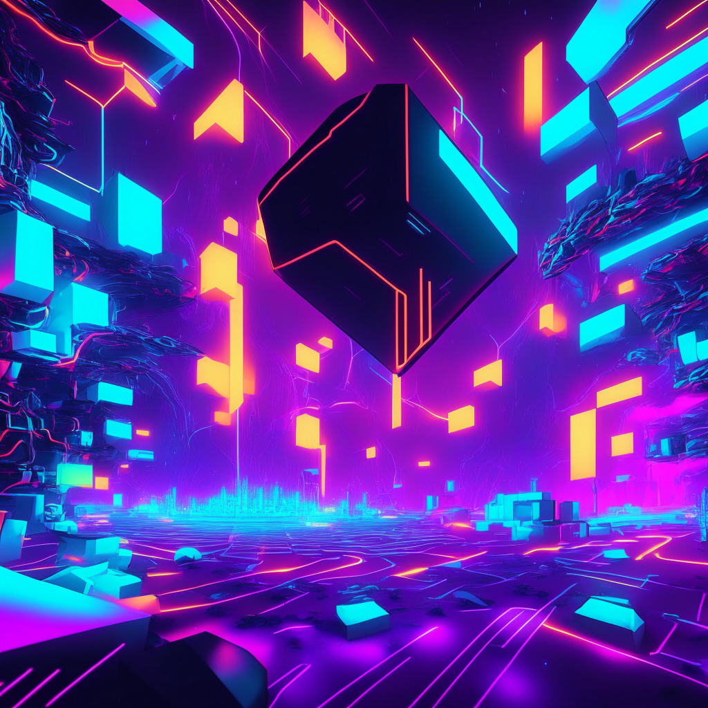 An energetic, futuristic landscape of Web3 gaming, illuminated in technicolor neon lights. Depict impressionistic elements of blockchain nodes morphing into video game scenes, hinting at decentralization and ownership. Imbue the atmosphere with a sense of awe and anticipation, reflecting the novelty and soaring prospects of the metaverse.
