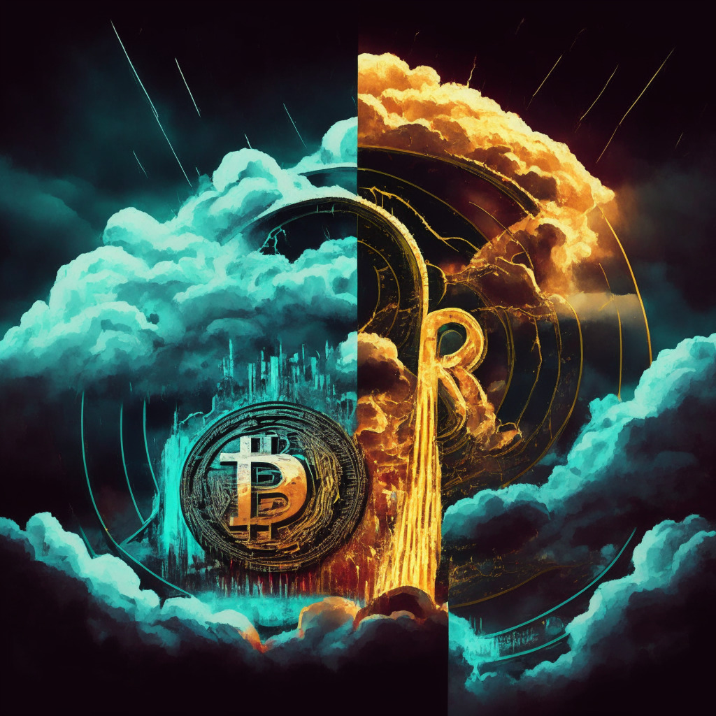 Abstract representation of the crypto market, two contrasting coins RNDR & TGC side by side, a roller coaster outlining RNDR's volatile journey, its peak symbolizing its recent surge, above dark stormy clouds depicting market risks. Next, TGC with a glowing casino backdrop, signifying its budding excitement. Make it vibrant yet ominous, highlighting the exciting yet perilous nature of crypto investing.