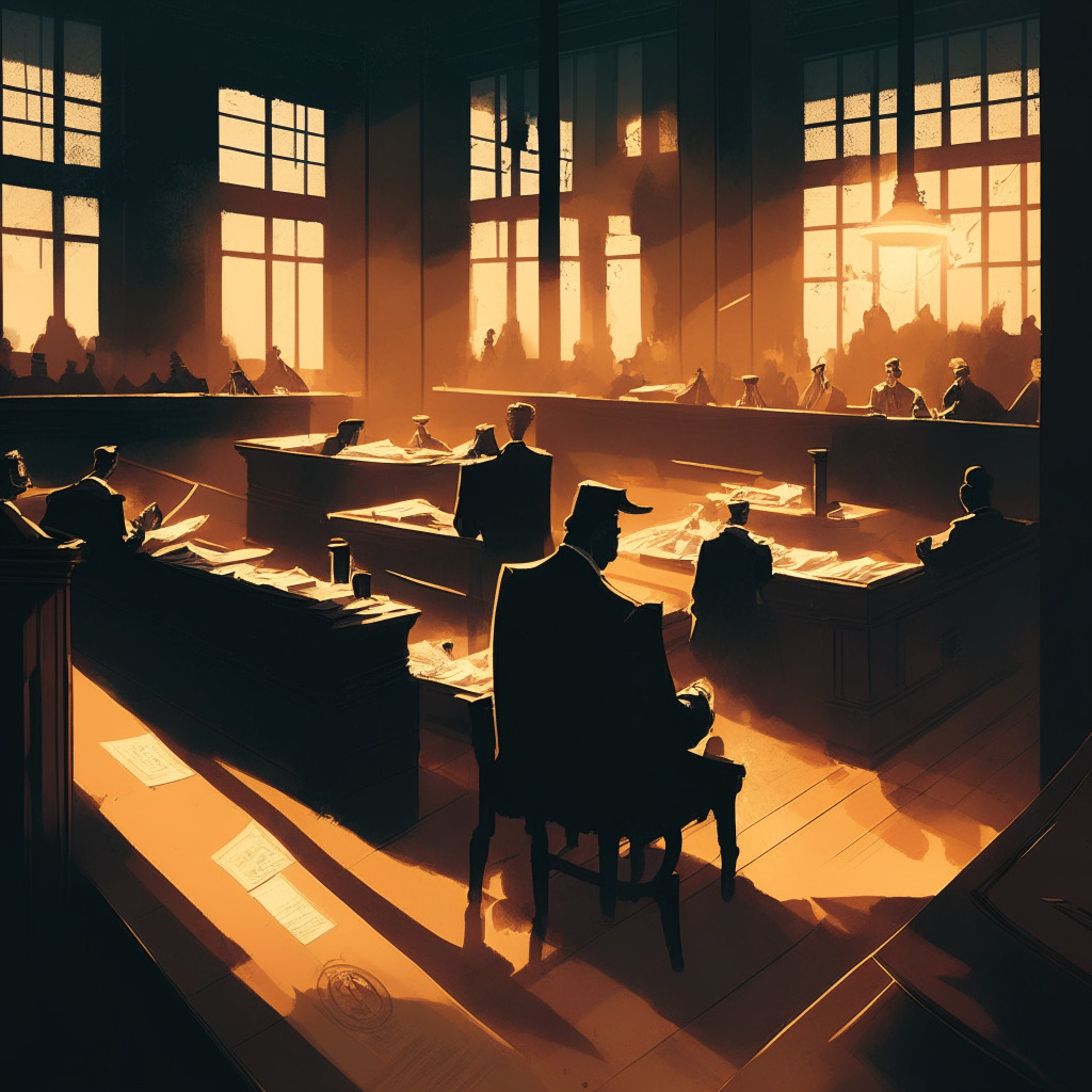 Gleaming courthouse lit in the twilight, somber judges and jurors in 1920s courtroom art style, papers scattered on hardwood table, drenched in shadows and intrigue. Background of a chaotic crypto exchange floor, insidious kinks of blockchain lurking. Mood: Suspicion, tension, and drama.