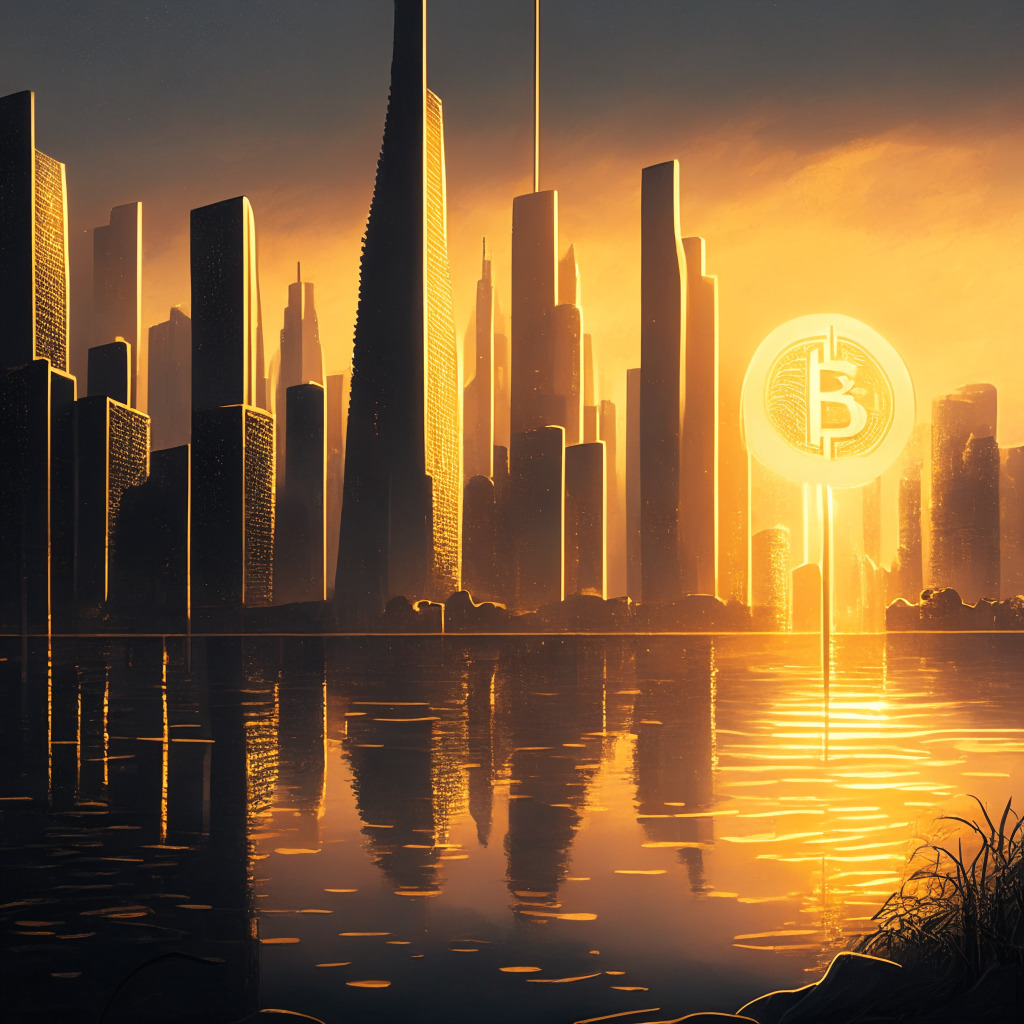 Dawn emerging over a futuristic city symbolic of the regulatory landscape, buildings glowing golden, representing Bitcoin's new reputation. A juxtaposition of undercurrents - a fast flowing river, symbolizing optimism and innovation, rich in hidden depths against an uphill, winding path, representing regulatory obstacles. Stark shadows cast by the SEC tower and BlackRock skyscraper marking the corporate battlefield. Silhouettes of crypto enthusiasts, wandering across a bridge, transitioning from city chaos to serene wilderness, signifying offline storage solutions. Infused with a cyberpunk aesthetic, the image should exude a certain uncertainty, yet hopeful resilience.