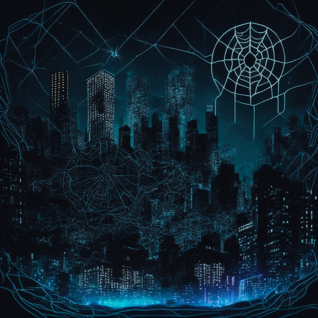 Nighttime cityscape, with neon cryptocurrency symbols floating against a dark skyline, Spider web pattern connecting them, embodying the intricate fentanyl trade network. In the background, a shadowy figure representing the illicit drug trade. Ethereum, Tron, and Bitcoin logos subtly incorporated. Heavy, ominous atmosphere, Contrast of shady dealings and law enforcement through a tension-filled artistic style.