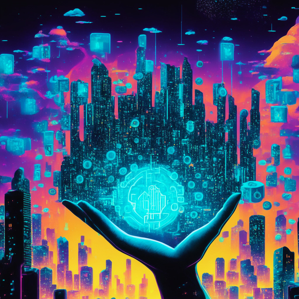 Neon-tinged skyscape symbolizing uncertainty, illuminated symbols of major cryptocurrencies floating like celestial bodies, A hand with betting chips representing venture capitalists. Underneath, different sectors such as gaming, analytics, privacy depicted as thriving miniature cities, each city symbolic of startups mentioned. A looming octopus shadow portraying market risks and volatility.