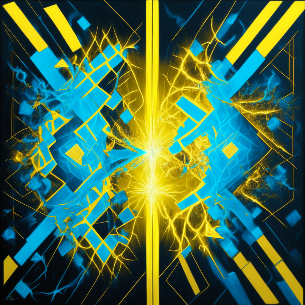 A vibrant, abstract painting in shades of gold and neon blue symbolizing blockchain conflict and dissolution, center stage, two complex geometric structures split in two, representing FloorDAO's splintering. Bright lightning plays around them, embodying $2.5 million crypto transfer. The background features key-shaped fractal elements hinting cryptographic keys scattered amid edgy lines and sharp angles to depict rising tension. Paint style: cubism with constructivist influences. Atmosphere: dramatic and charged.
