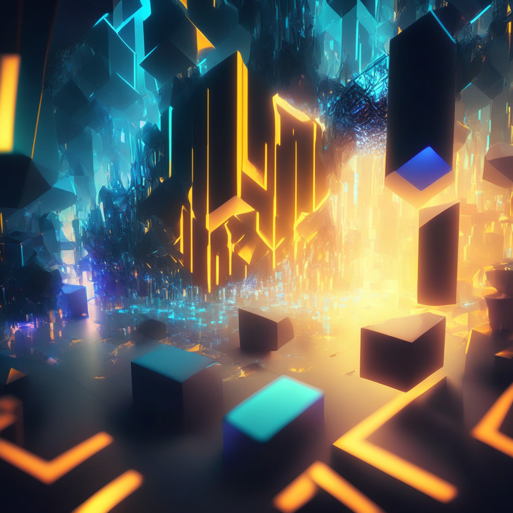 A sci-fi style gathering of virtual architects around a complex, crystalline blockchain structure floating in cyber-space. The light is dramatically spotlighting a single 'fault line' in the structure, reflecting 'costly error'. The dominant colors are cool to intensify a mood of caution and precision, but with hints of warm optimism cascading from a distant, brighter future.