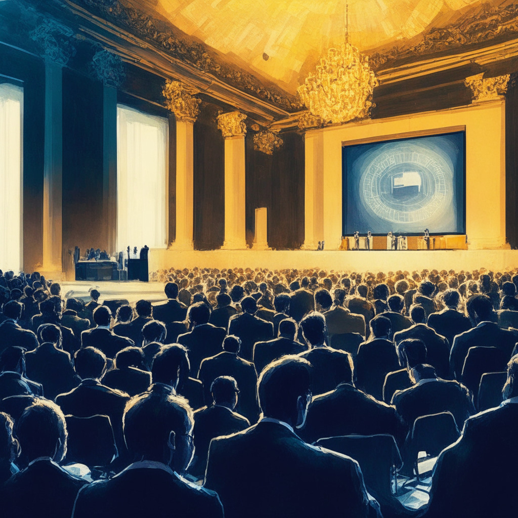 Global crypto summit, officiated by Mário Centeno, Banco de Portugal's Governor, passionately advocating international crypto regulation. Venue under soft spotlight, attendees in silent anticipation. Delegates inspired, engaged in deep discussion, mood optimistic yet serious. Art style; contemporary impressionism, tiptoeing on the edge of abstraction. Subtle warmth and cool undertones playing on an underlying tension between future promise & current uncertainty.