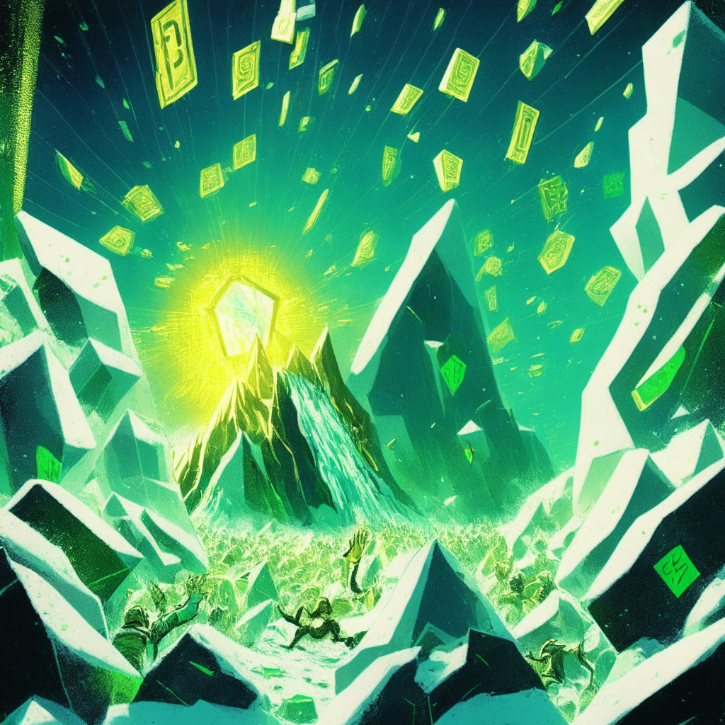 Arena of a frenzied crypto market with vivid streaks of green bullish breakout leaping to the sky, golden tokens symbolizing Trust Wallet Token in mid-flight, tipping around a towering crystal glacier which denotes the $0.96 price milestone. Ambiguous shadows tease looming announcements by the wallet developer, contrasting the radiant optimism of the market momentum. Dramatic chiaroscuro emphasizes the high-risk, high-reward nature of the crypto world.